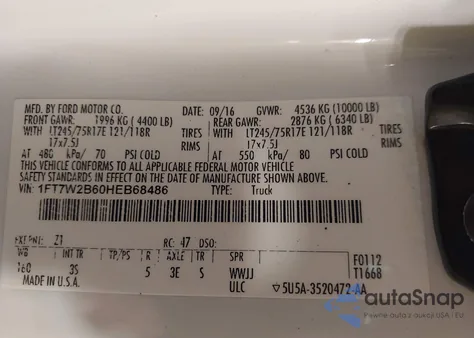 2017 Ford F-250 Xlt from USA, damaged, VIN 1FT7W2B60HEB68486